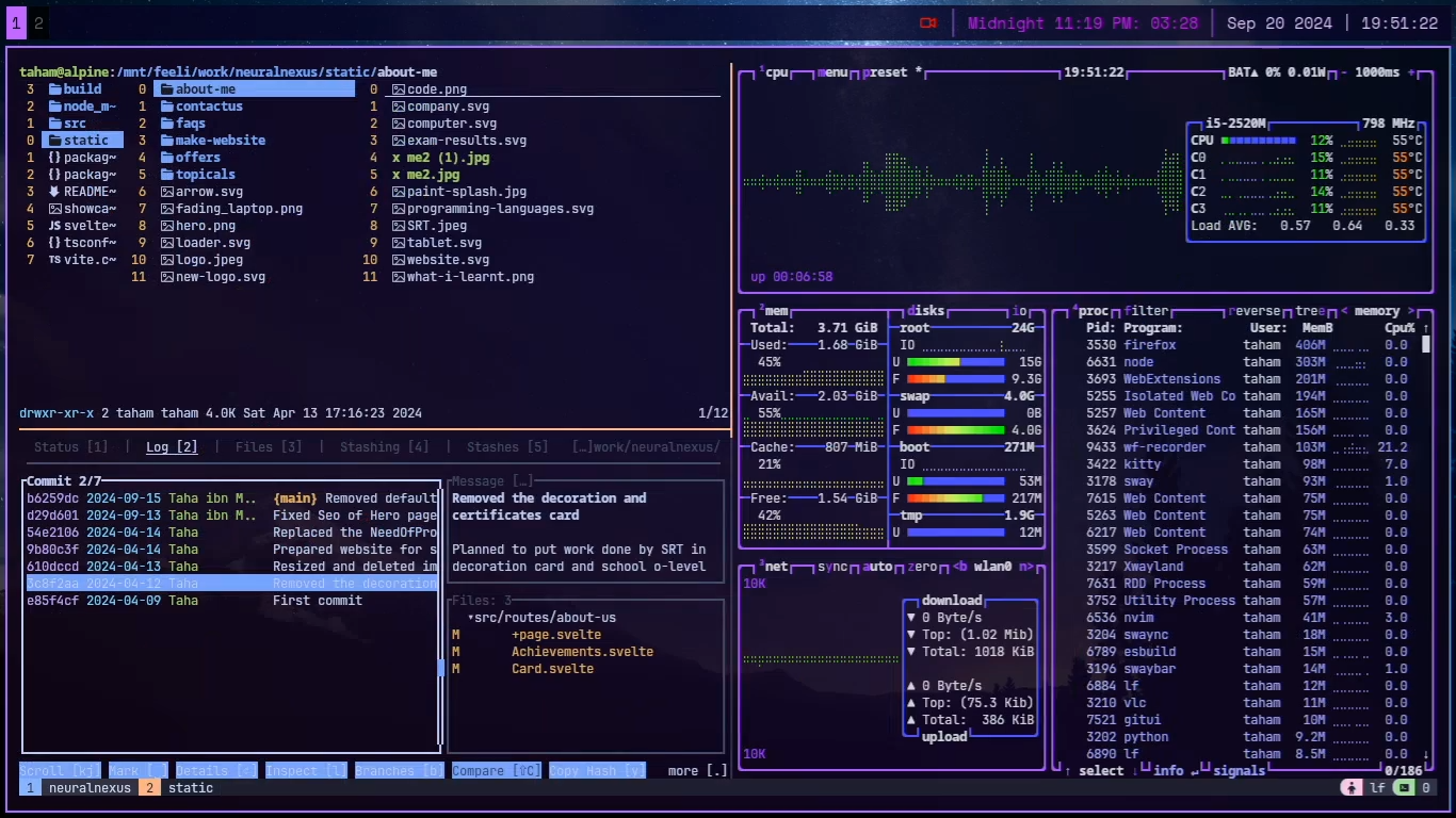 tmux with btop, gitui, lf