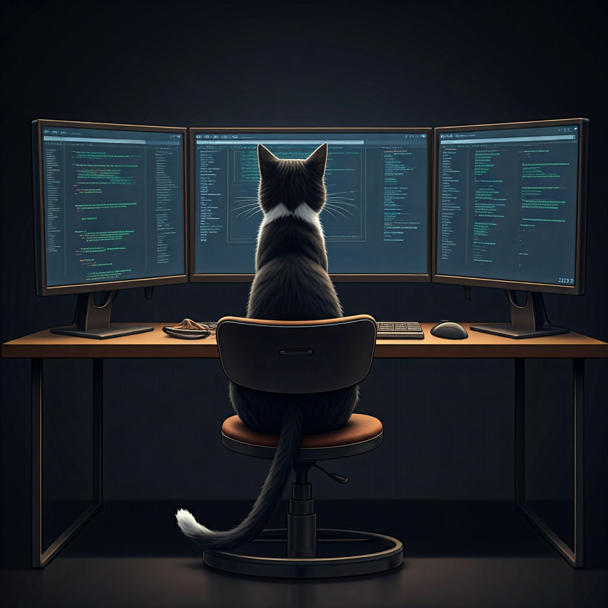 Purrgrammer: Cat on chair with triple monitor setup